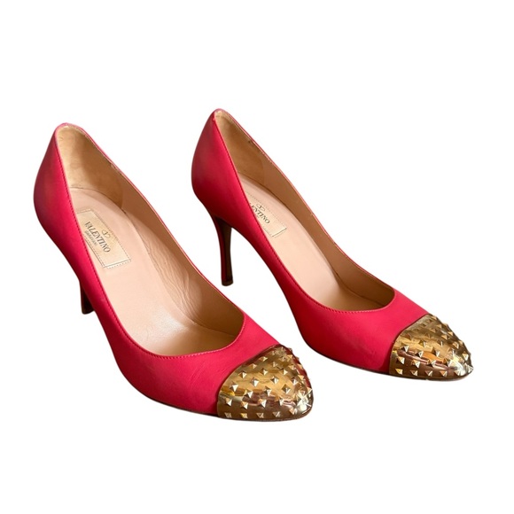 Valentino Garavani Rockstud Toe Cap Accents Leather Pumps Red Gold  EU 37 US 7 - Picture 1 of 14
